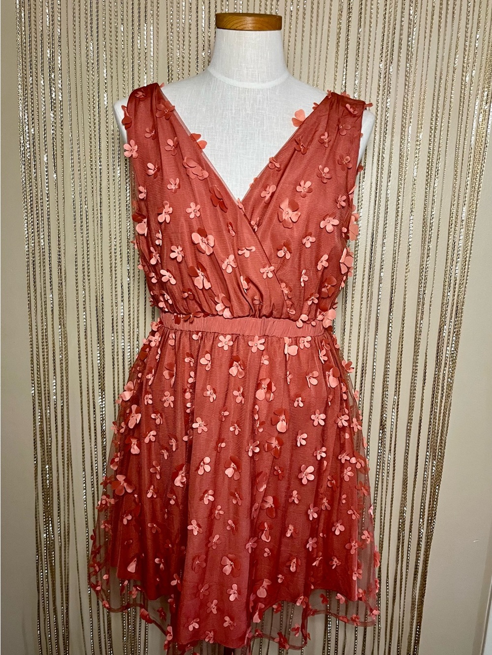 T-Bags Rusty Coral V-Neck Mini Dress with 3D Floral Appliqués